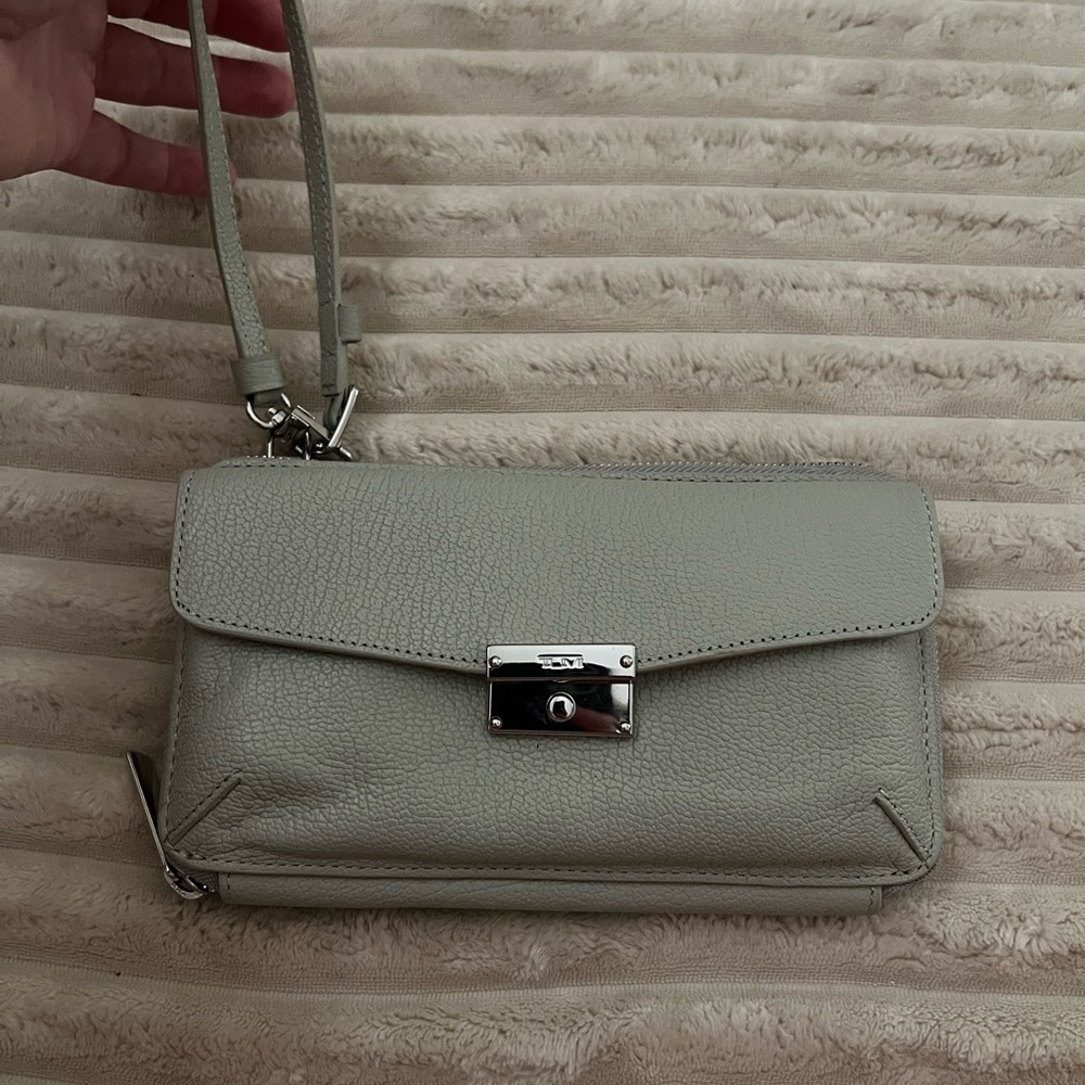 Sale!  Tumi Pebble-Grain Crossbody Wallet in Light Gray—NWOT!